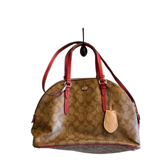 Coach | Peyton Signature Cora Domed Satchel Red & Tan - Picture 1 of 13